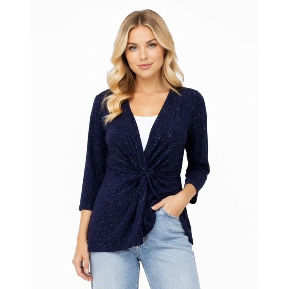 Navy Sparkle Twist Front Top 3/4 Sleeve V Neck Blouse Plus‎ Size OX = 10/12